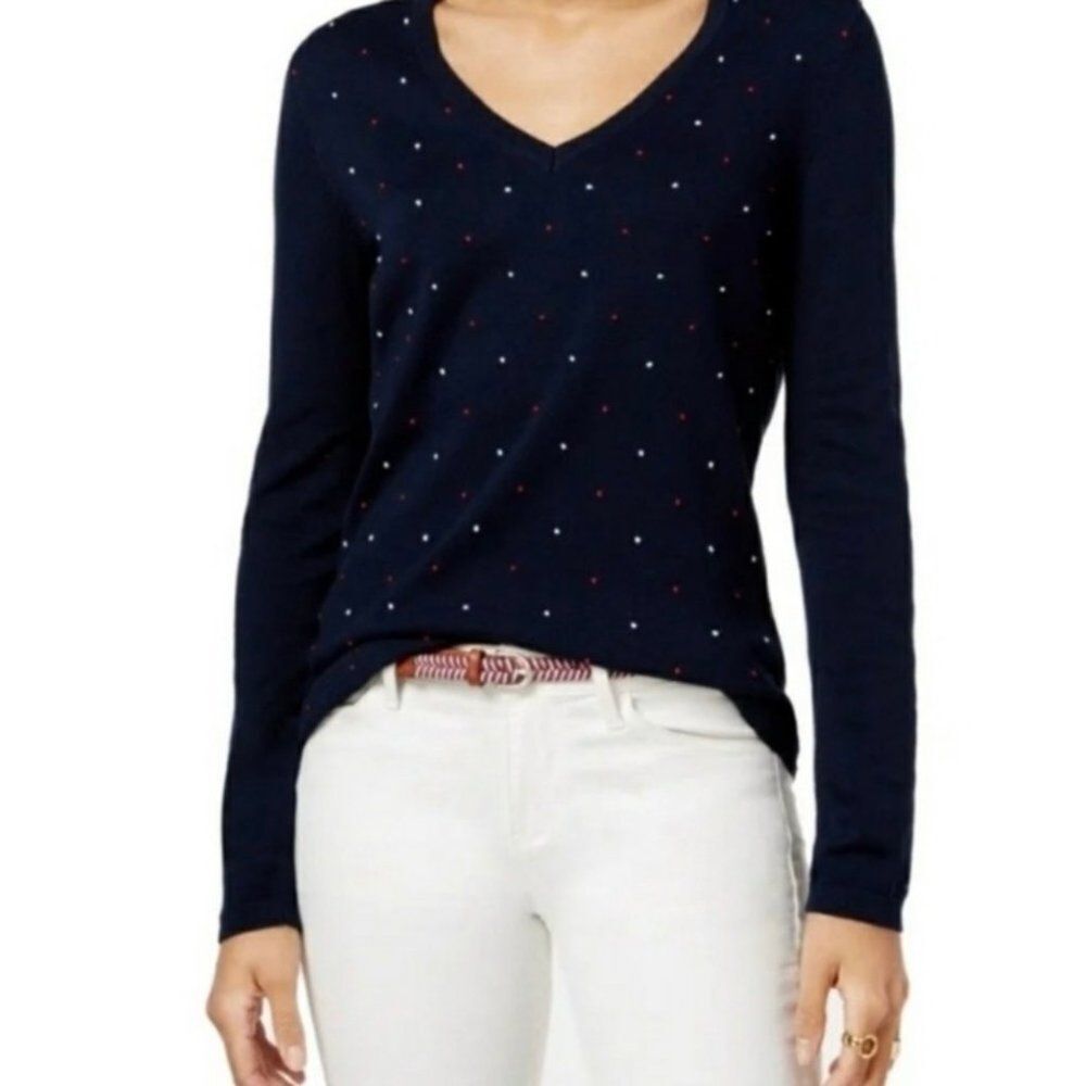 Tommy Hilfiger Pima Cotton V Neck Navy Pindot Sweater Size Large